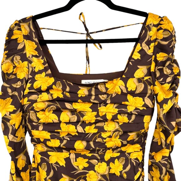 Floret Studios Floral Long Sleeve Ruched Square Neck Dress Yellow Brown XS NWOT - Picture 4 of 15